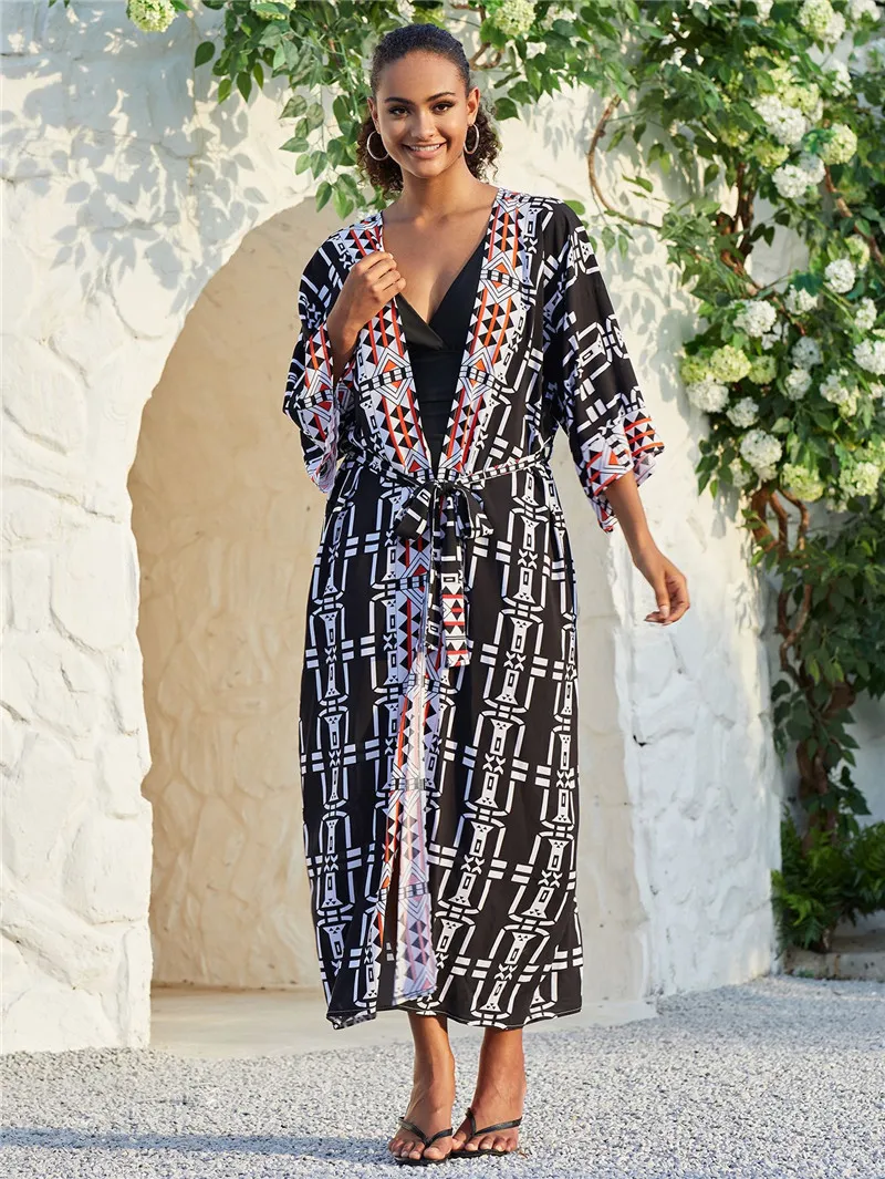 كيمونو نسائي طويل مطبوع بوهيمي ، فستان شاطئ ملفوف ، غطاء بيكيني ، ملابس صيفية ، بدلة سباحة ، سترة سترة متخفية