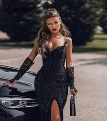 Lowime 2024 Black Crystals Beaded Aso Ebi Party Second Reception Birthday Engagement Gowns Dresses Split Side Robes De Soiree