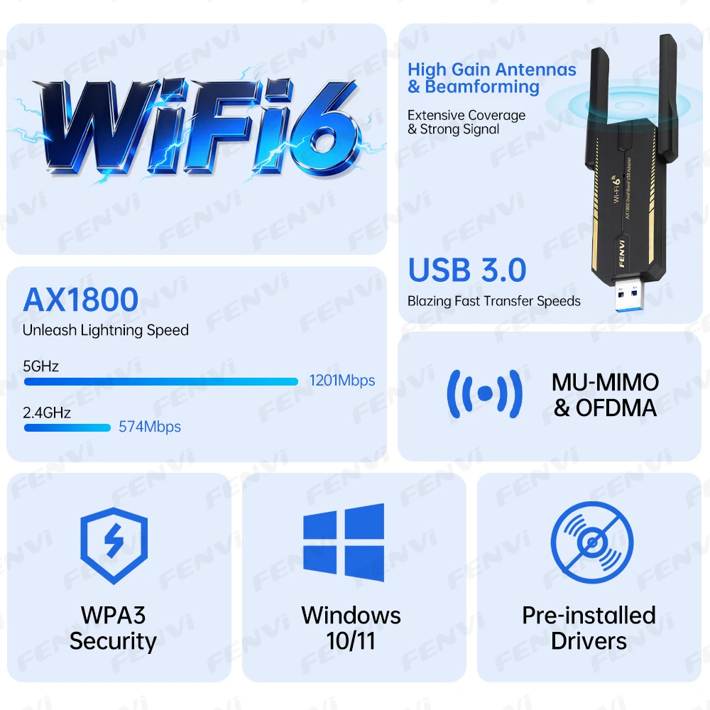 Fenvi AX1800 WiFi 6 USB Adapter Dual Band 5G 2.4G USB 3.0 Dongle WiFi6 Network Card Wireless Adapter Receiver MU-MIMO Driver Fre