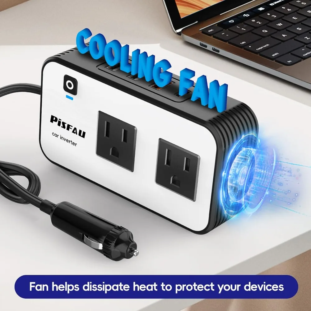 محول طاقة السيارة 200 وات، منفذ محول قابس السيارة PiSFAU DC 12V إلى 110V AC مع [20W USB-C] /USB-Fast Charger (18W) 4.8A USB مزدوج