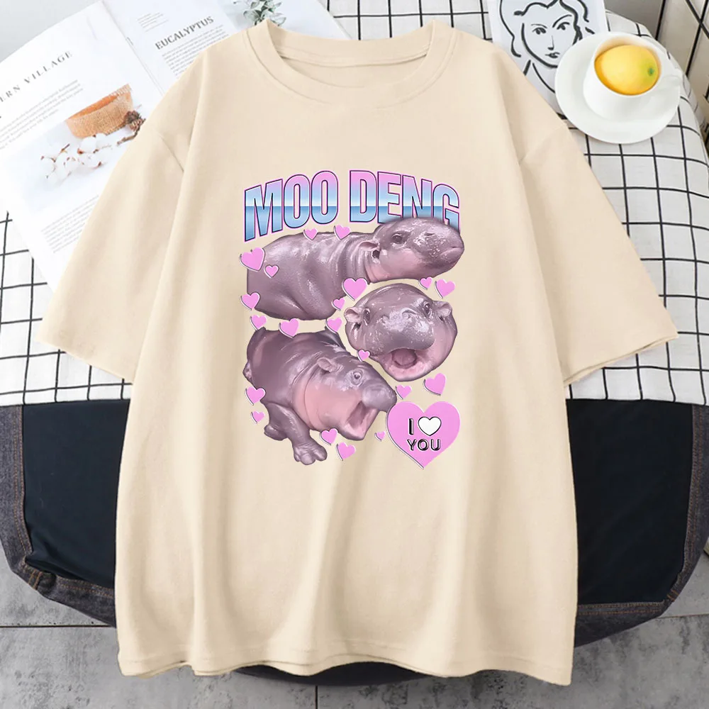 Moo Deng Hippo T-shirt Bawełniane letnie koszulki damskie z krótkim rękawem Ropa De Mujer Casual Cartoon Graphic Printing Tee-shirt O-neck