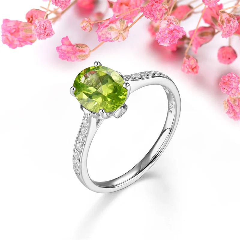 Natural Peridot Sterling Silver Rings 1.8 Carats Faced Cutting August Birthstone Women Simple Classic Style S925 Jewelrys