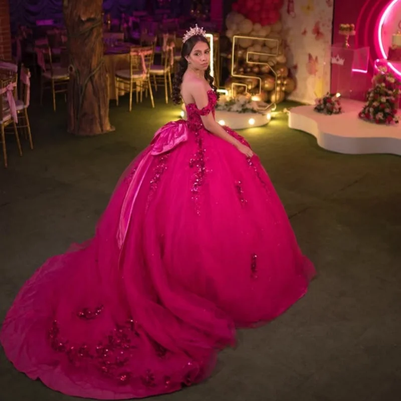 Robes De Quinceanera rose foncé brillant personnalisées, épaules dénudées, paillettes appliquées, nœud en dentelle, 15