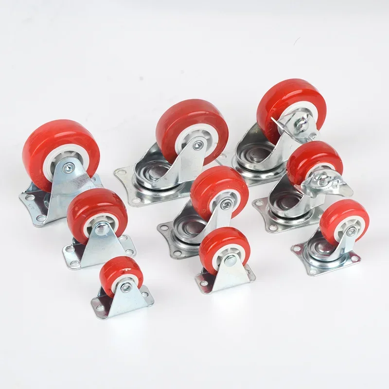 Red Plastic Rail Fixed Casters No noise Universal Wheel With Brake Small Cart Furniture Replacement Caster Hardware Accessories