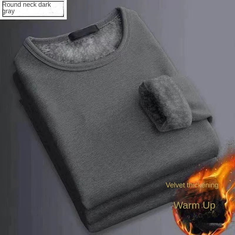 2 Stück Herren-Unterwäsche Winter Langarm-Thermo-Unterwäsche Plus Samt Gepolstertes T-Shirt O-Ausschnitt Einfarbiges Schlankes Unterhemd – Detail 8