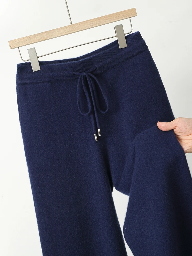 Autumn Winter Men Wool Wide Leg Pants Elastic Waist Drawstring Regular Trousers 100% Merino Wool Knitted Soft Smart Casual Pants