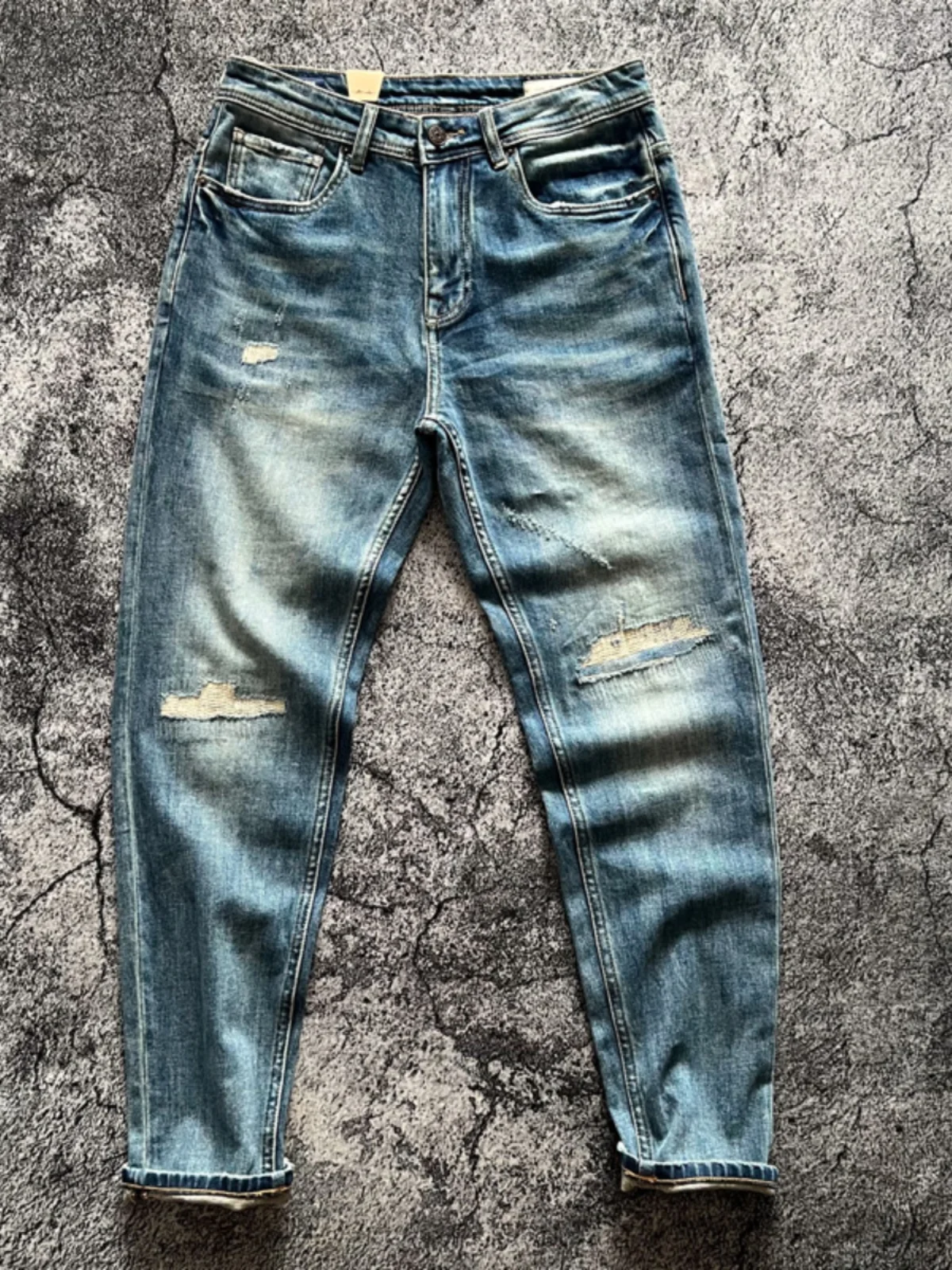 Vintage 99% Cotton Stretch Denim Jeans for Men High Street Ripped Hole Fit Straight Pants Y2k Youth Male Amekaji High Quality