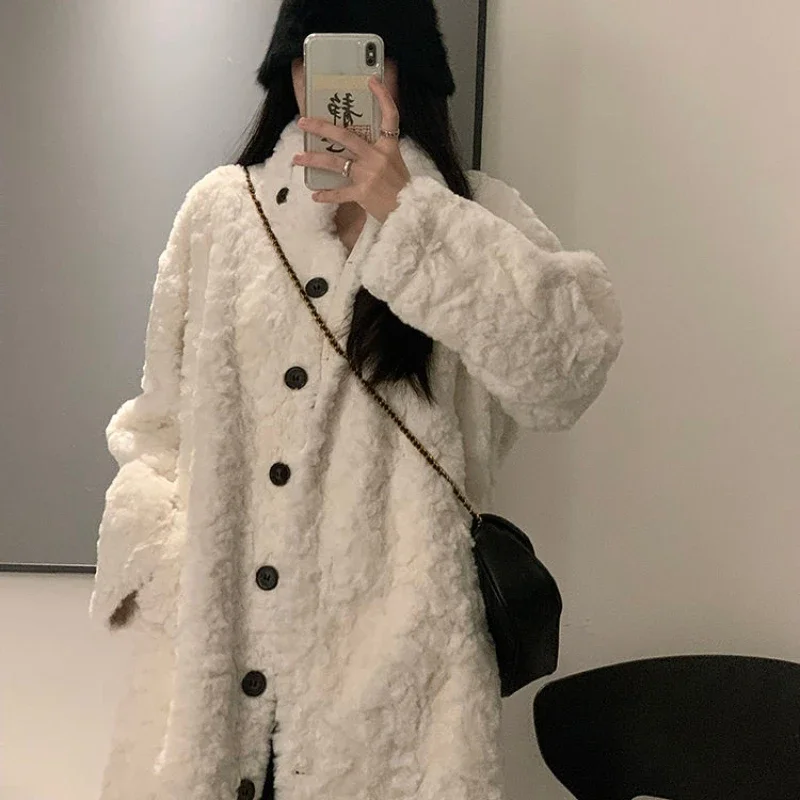 2022 Lamb Hair Coat Women\'s Long Coat Knee Length Imitation Rabbit Hair Fur Thickened Loose Stand Collar