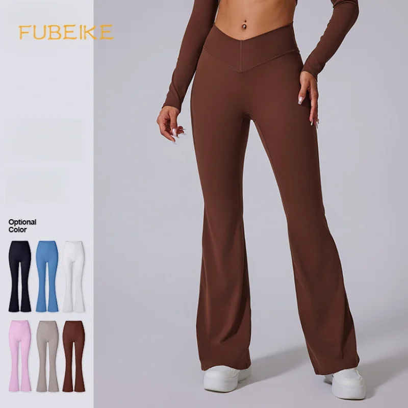 

FUBEIKE Brushed Flared Pants V High Waist Shaping Sports Leggings Yoga Wear Peach Sporty Leggings Woman Trousers