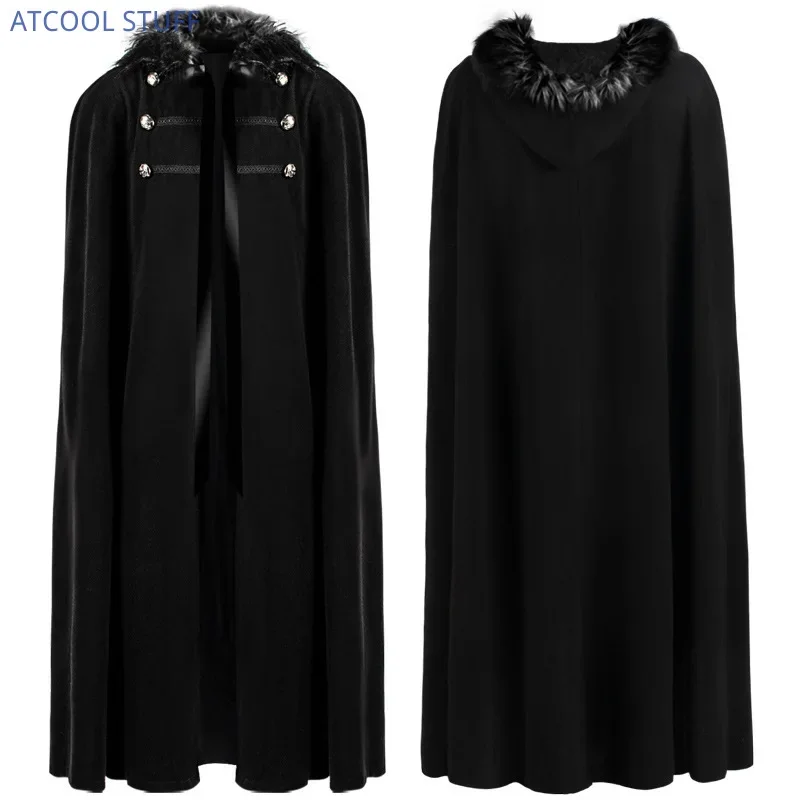 

Унисекс, средневековая зимняя накидка в стиле стимпанк, макси Ларп, пиратский плащ викингов, длинная готическая куртка с меховым капюшоном на Хэллоуин, косплей