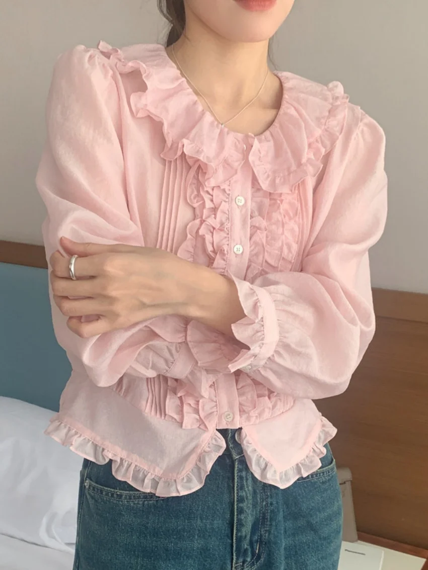 

Белые рубашки Alien Kitty, милые женские шикарные уличные офисные женские рубашки, новинка 2023 года, нежные повседневные рубашки с длинными рукавами и оборками, осенний кемпинг