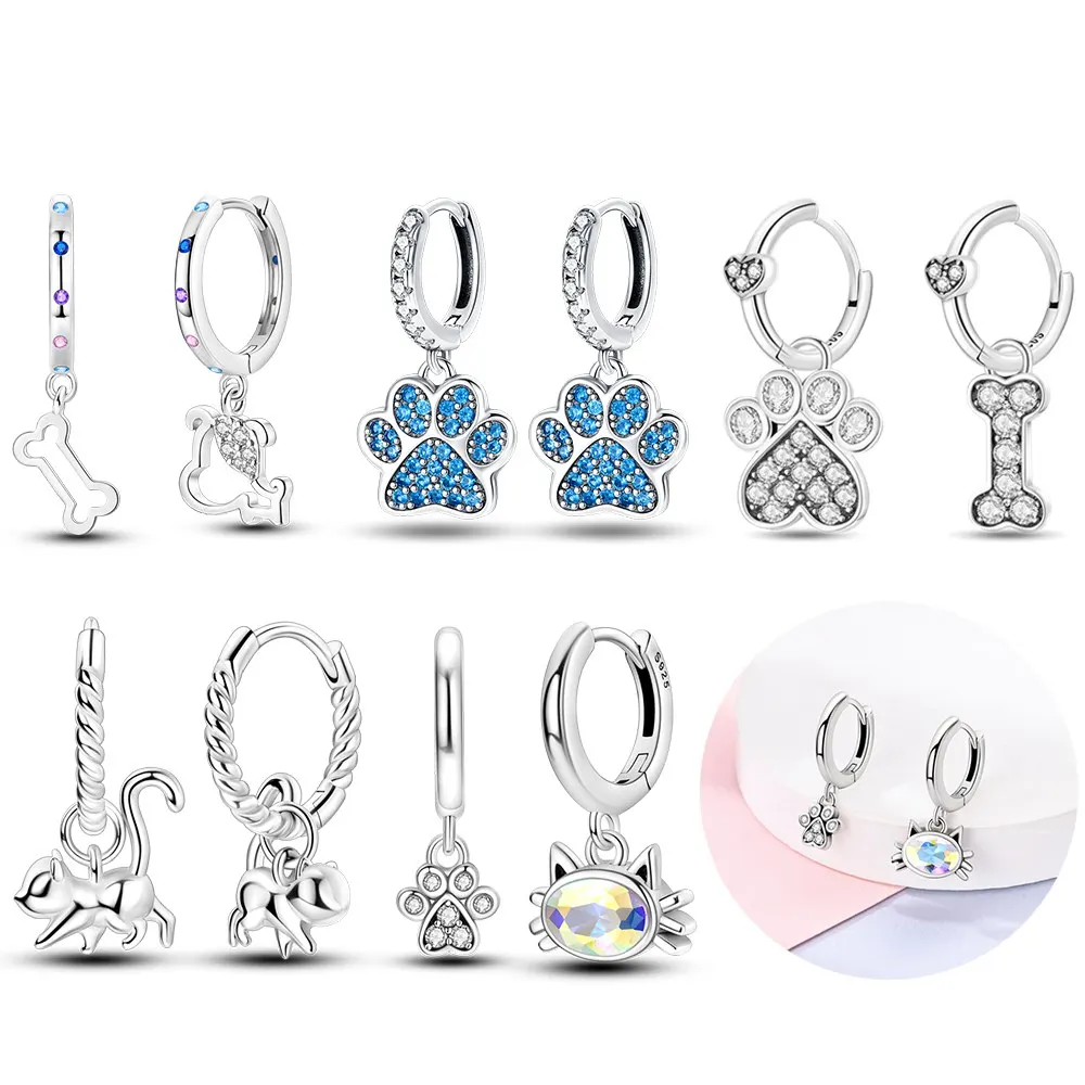 Pendientes colgantes de la serie con estampado de pata de perro y gato de colores plateados o pendientes de moda para mujer, regalos de joyería, sitio web oficial