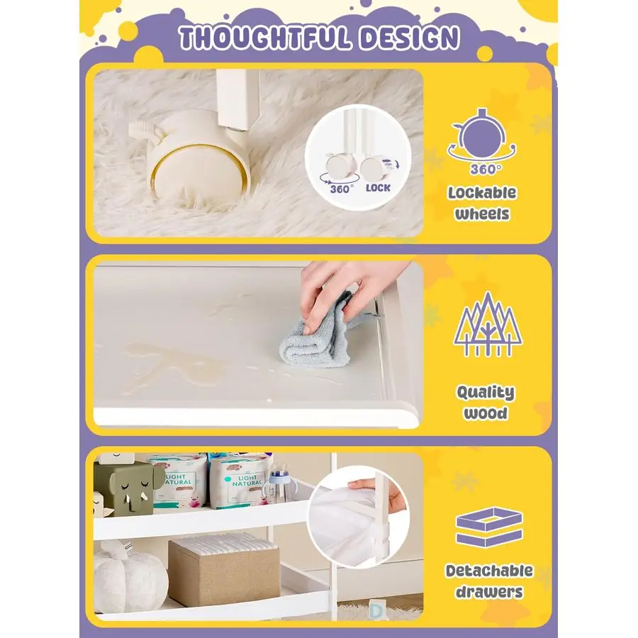 Opvouwbare babycommode met wielen, gecertificeerd luierwisselstation met opbergladen, 3-in-1 draagbare compacte luier