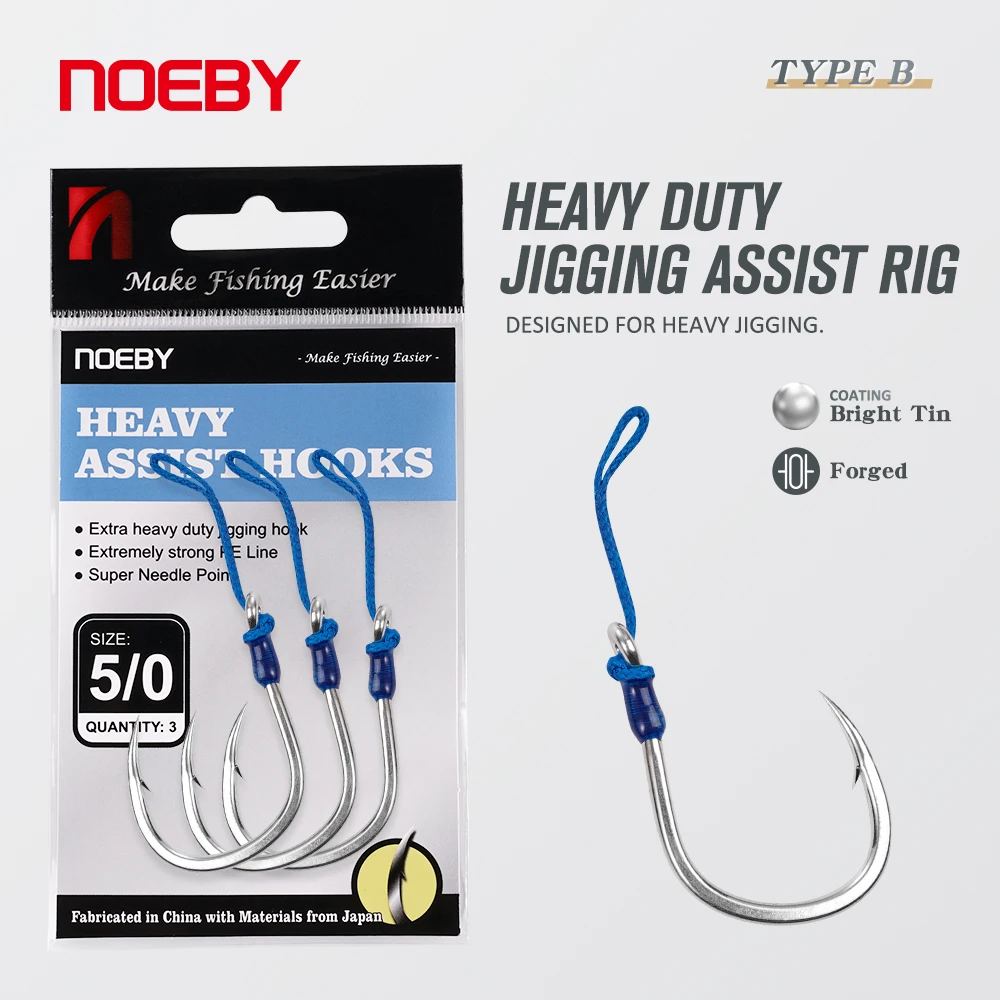 Noeby Heavy Duty Jigging Assist Rig Hooks 149kg Max Strength Metal Jigs Hooks High Strength Sharp Thick Shaft Sea Fishing Hooks