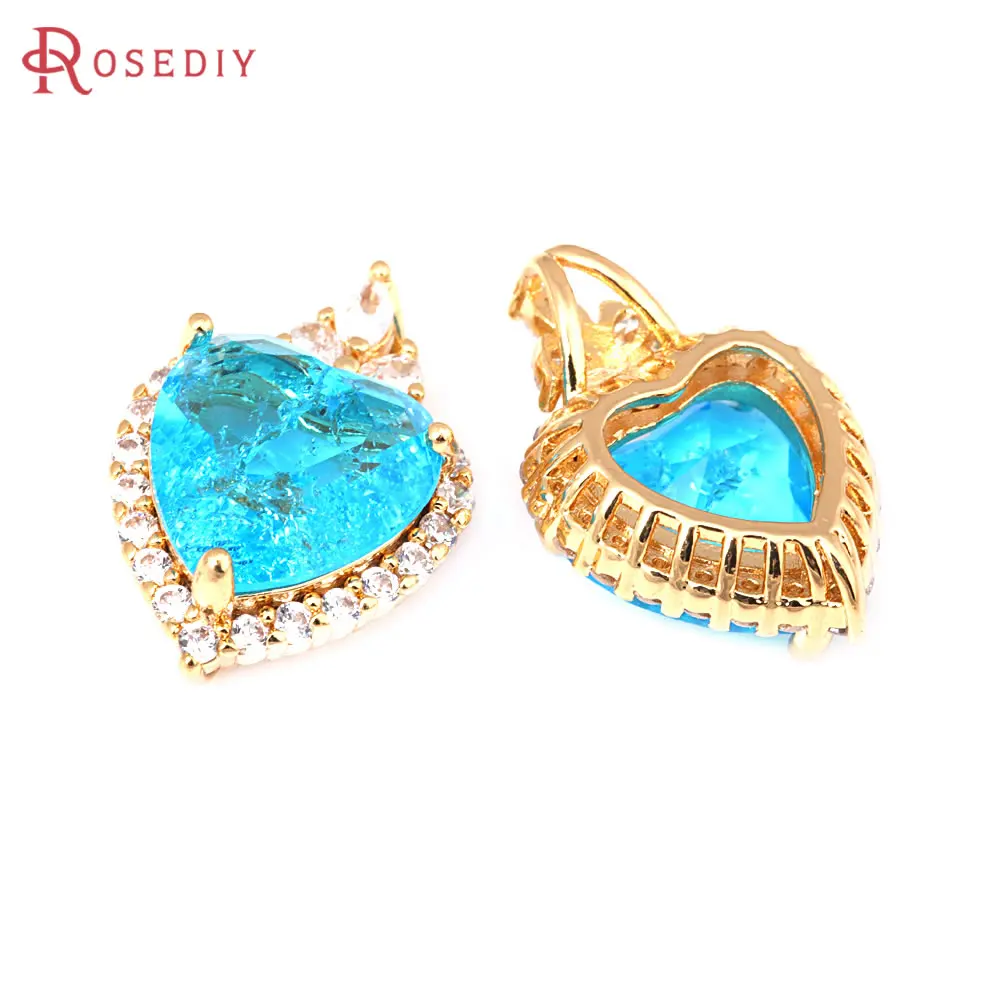 2PCS 18K Gold Color Brass and Zircon and Glass Heart Charms Pendants Diy Jewelry Making Supplies Necklace Accessories for Women