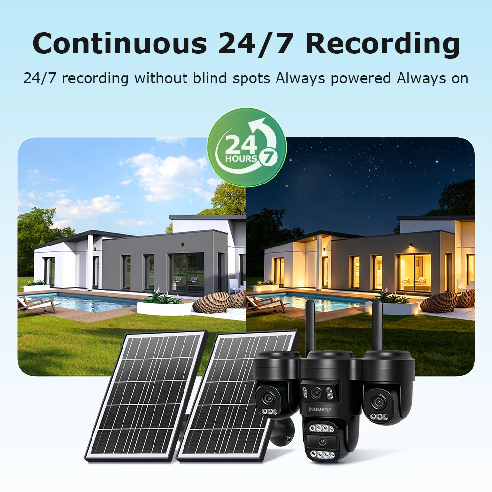 INQMEGA AI Solar Camera 4G Sim Outdoor 20MP 4 Lens 4 Screen 3 PTZ PIR Human Detect 7/24 AOV Camera Waterproof Night Vision CCTV
