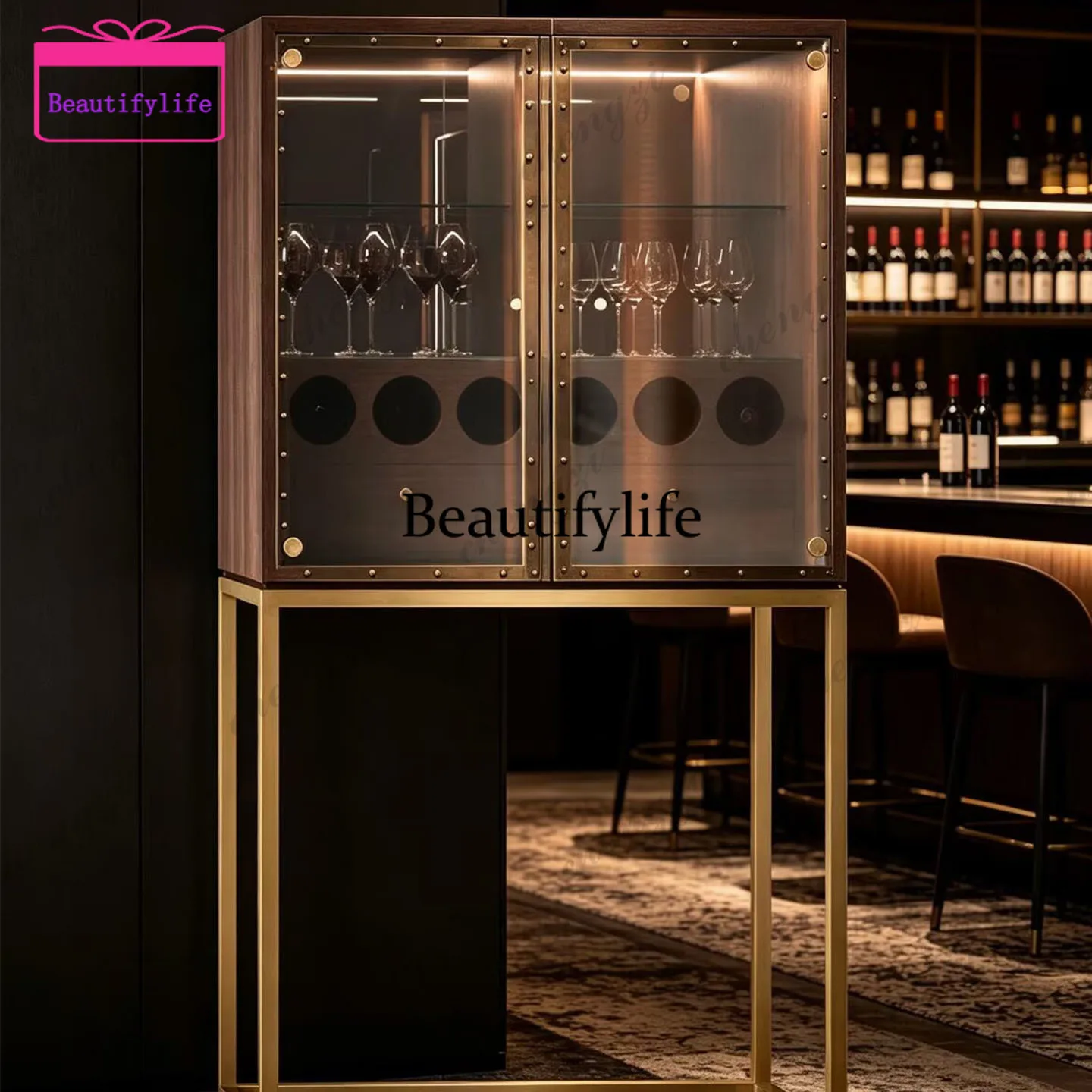 A55 Italian light luxury wooden wine cabinet, creative glass villa living room wall display cabinet, art dining side cabinet