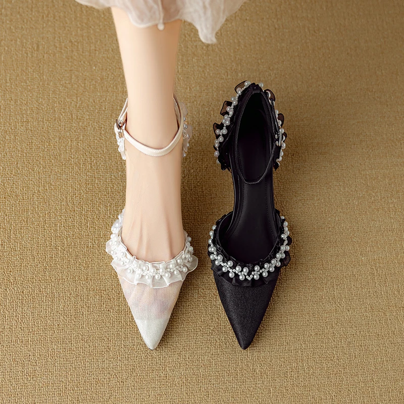 

2025 летние женские сандалии из натуральной кожи, женская обувь из воловьей кожи высотой 22-25 см + сетка + овчины, кружевные женские туфли с жемчужным ремешком сзади и пряжками на высоком каблуке