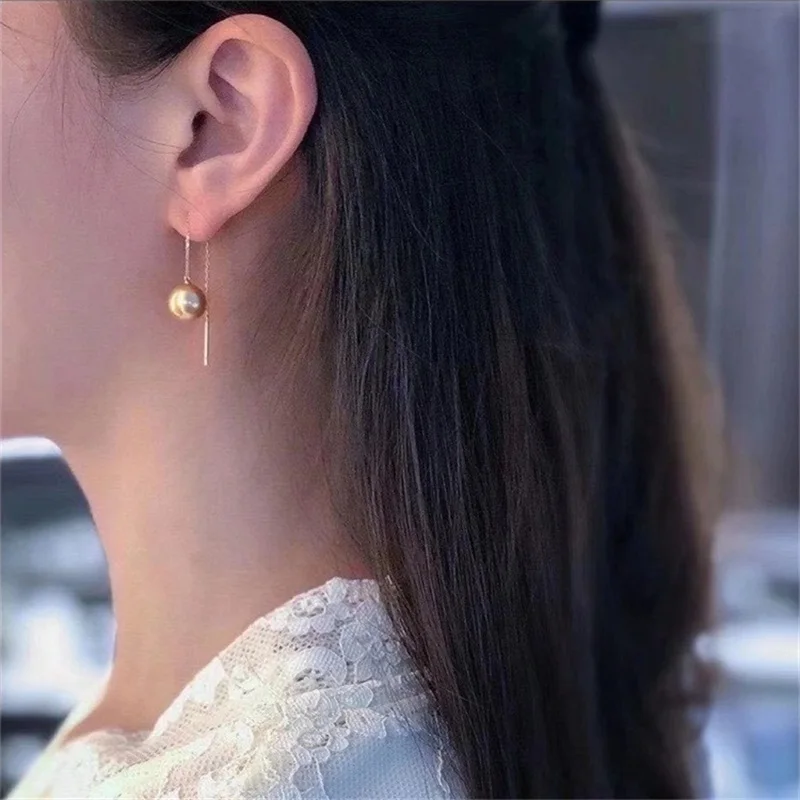 

XF800 Real 18K Gold Earrings Drop Natural South Sea Gold Pearl Round AU750 Fine Jewelry Brand Anniversary Women's Gift E621