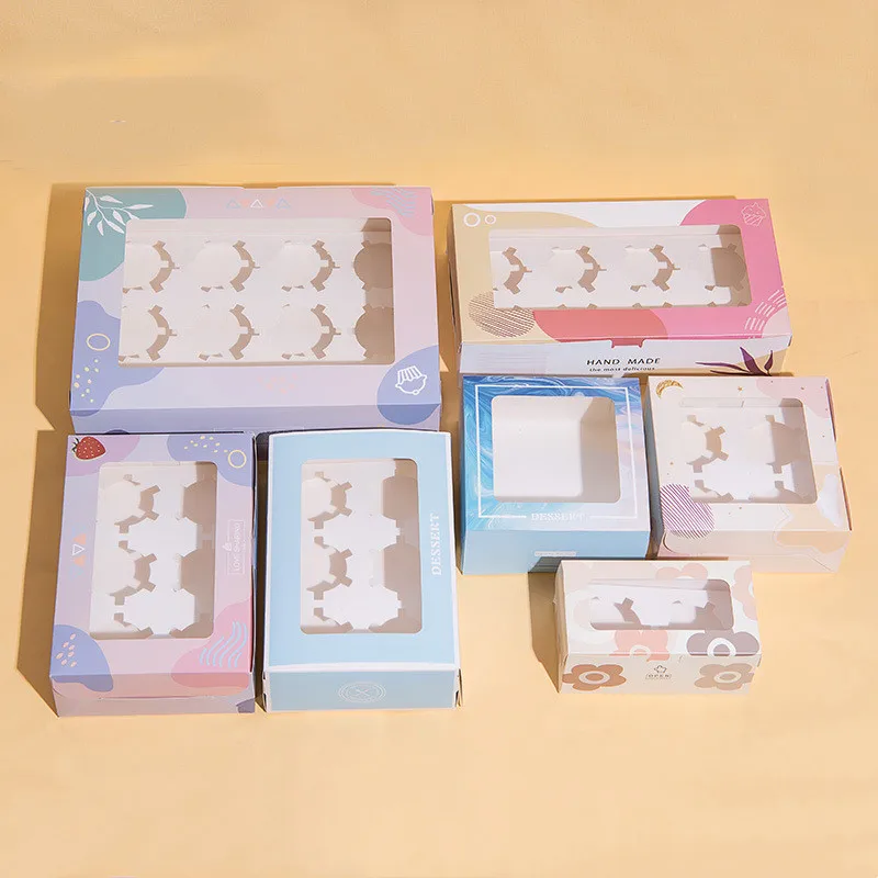 10pcs Korean Paper Cup Cake Box 2/4/6/12 Grids Transparent Window Muffin Cookies Baking Boxes