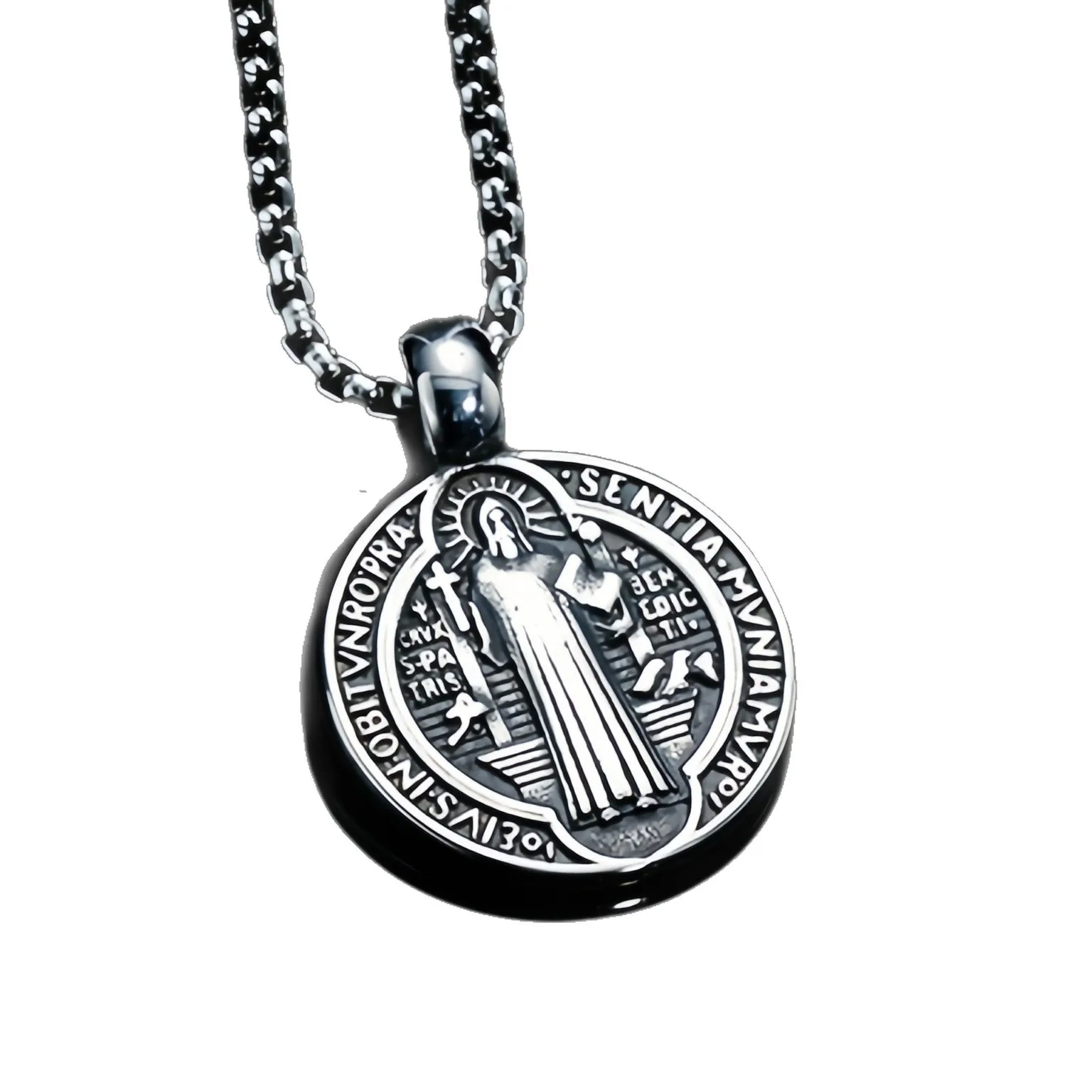 Edelstahl-Halskette mit Medaille des Heiligen Benedikt, San Benito-Medaille, Halskette für Männer und Frauen, spiritueller Anhänger mit der Jungfrau Maria für Männer – Detail 4