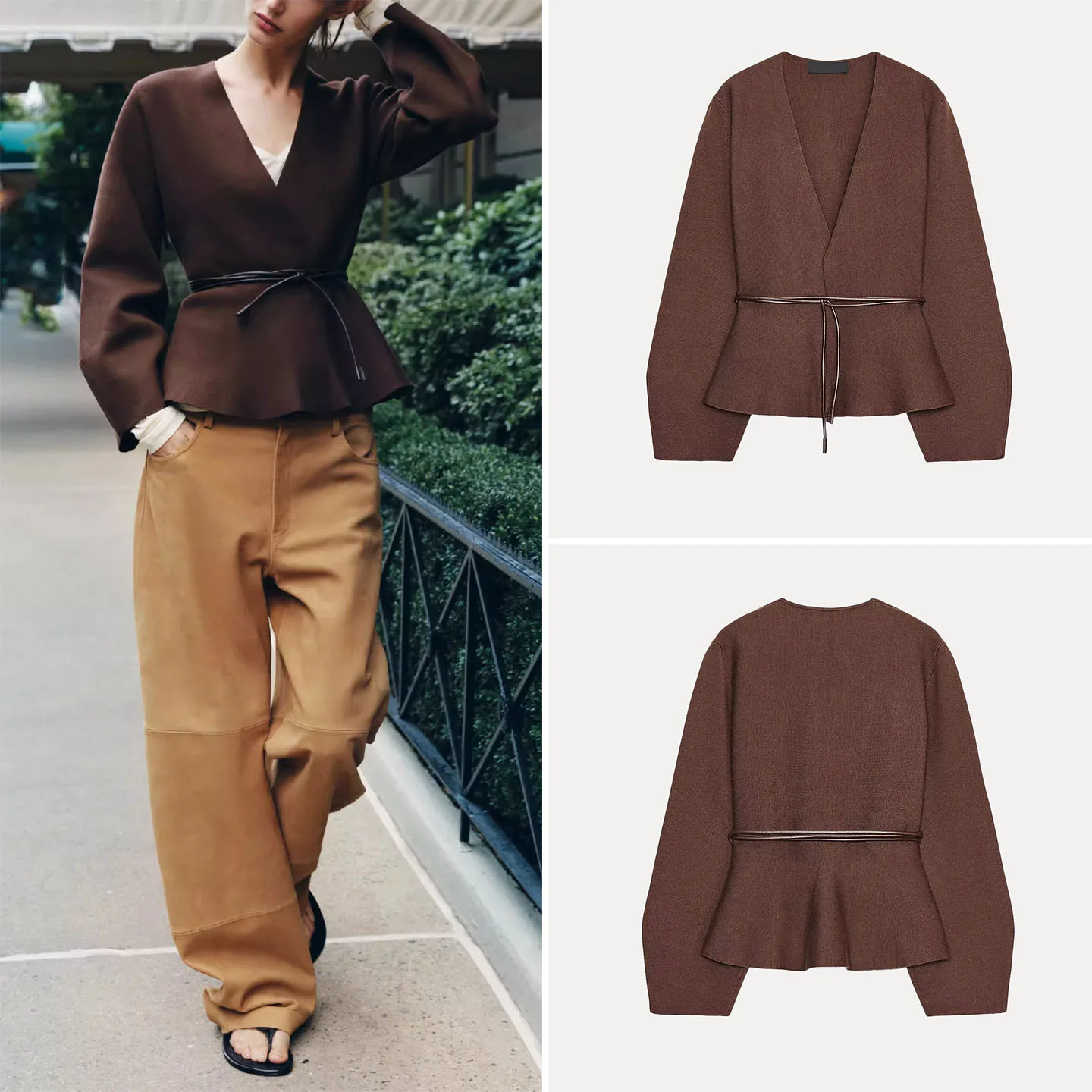 

Простое вязаное пальто Ele с поясом, осеннее новое поступление, женская модная верхняя одежда, женское пальто со стойкой