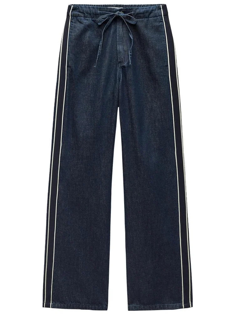 Spring 2026 Women's Loose Fit Straight Leg Indigo Cotton Denim Jeans Side Strap Decorated High Waist Trousers