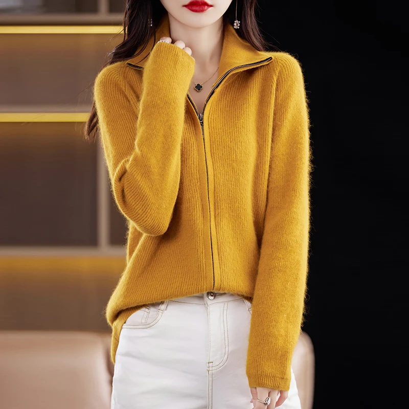 100% Pure Mink Cashmere Sweater Women\'s Stand Collar Thick Cardigan Autumn and Winter Warm Casual Knitted Large Size Zipper Tops