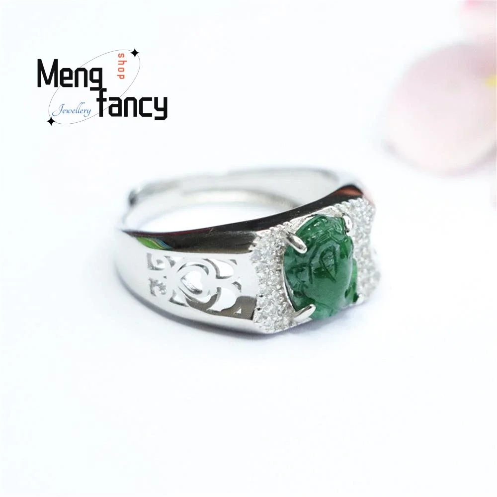 S925 Silver Lnlaid Ice Jadeite Imperial Green Pixiu Saddle Ring Exquisite Elegant Charm High-grade Couple Luxury Quality Jewelry