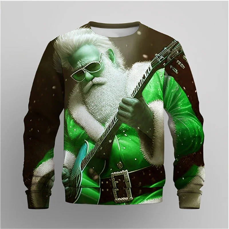 Santa Claus Guitar Pattern Sweatshirts Fashion Trend Long Sleeve Mens 3D Printed Christmas Hoodies Loose Streetwear Pullovers