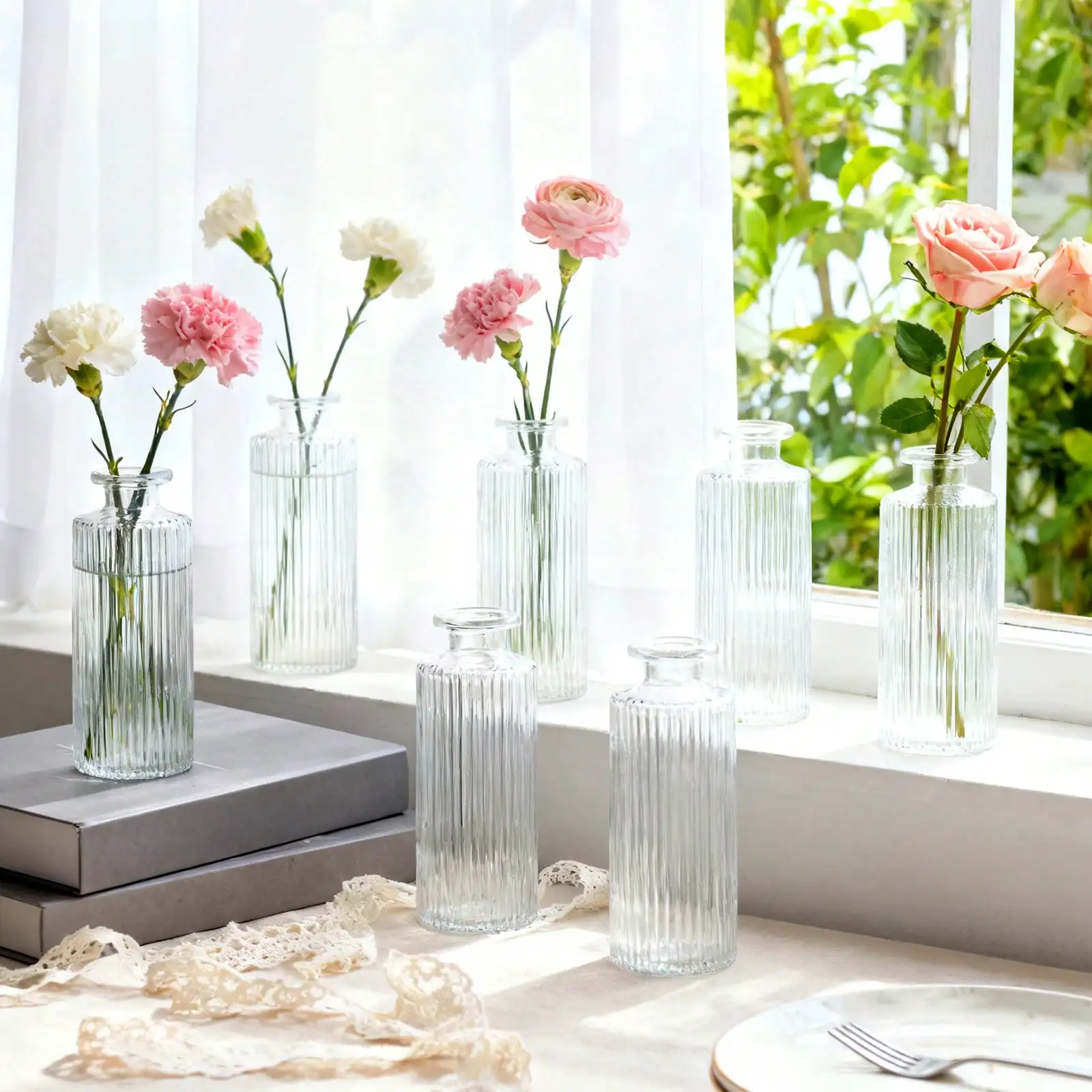 12/24/36 Pcs Glass Bud Vases, Living Bud Vases, Small Bud Vase In Bulk, Mini Flowers Vases For Centerpiece, Vintage Decorative Vase Set For Table Decorations, Wedding Reception, Home Decor, Fall Decor (Clear, Amber), Garden Decor, Outdoor Decor