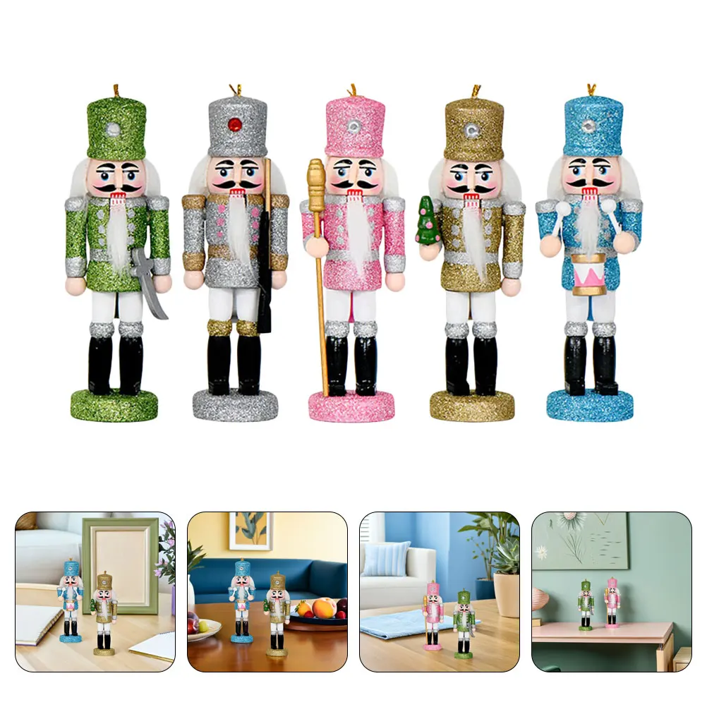 

5pcs 13CM Wooden Nutcracker Sets Green Grey Pink Gold Blue Soldier Figures Handmade Dolls Toy Home Office Table Decoration Gifts