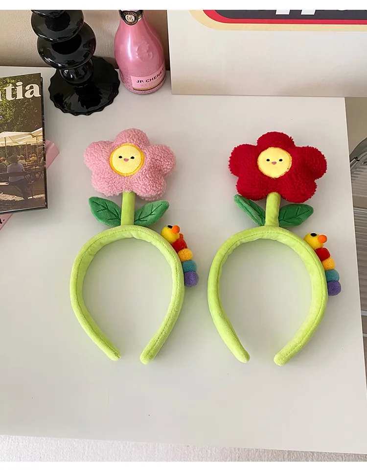Kreative Plüsch Tuch Farbe Tulpe Blume Raupe Haarbänder Für Mädchen Frau Niedlichen Cartoon Gesicht Waschen Make-Up Stirnband Mode – Detail 13