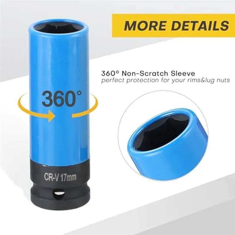 Wheel Protector Impact Socket Set 1/2 Inch Drive Lug Nut Socket Set Kit Color-Coded Protective Sleeve(15/17/19/21/22Mm)-Hot