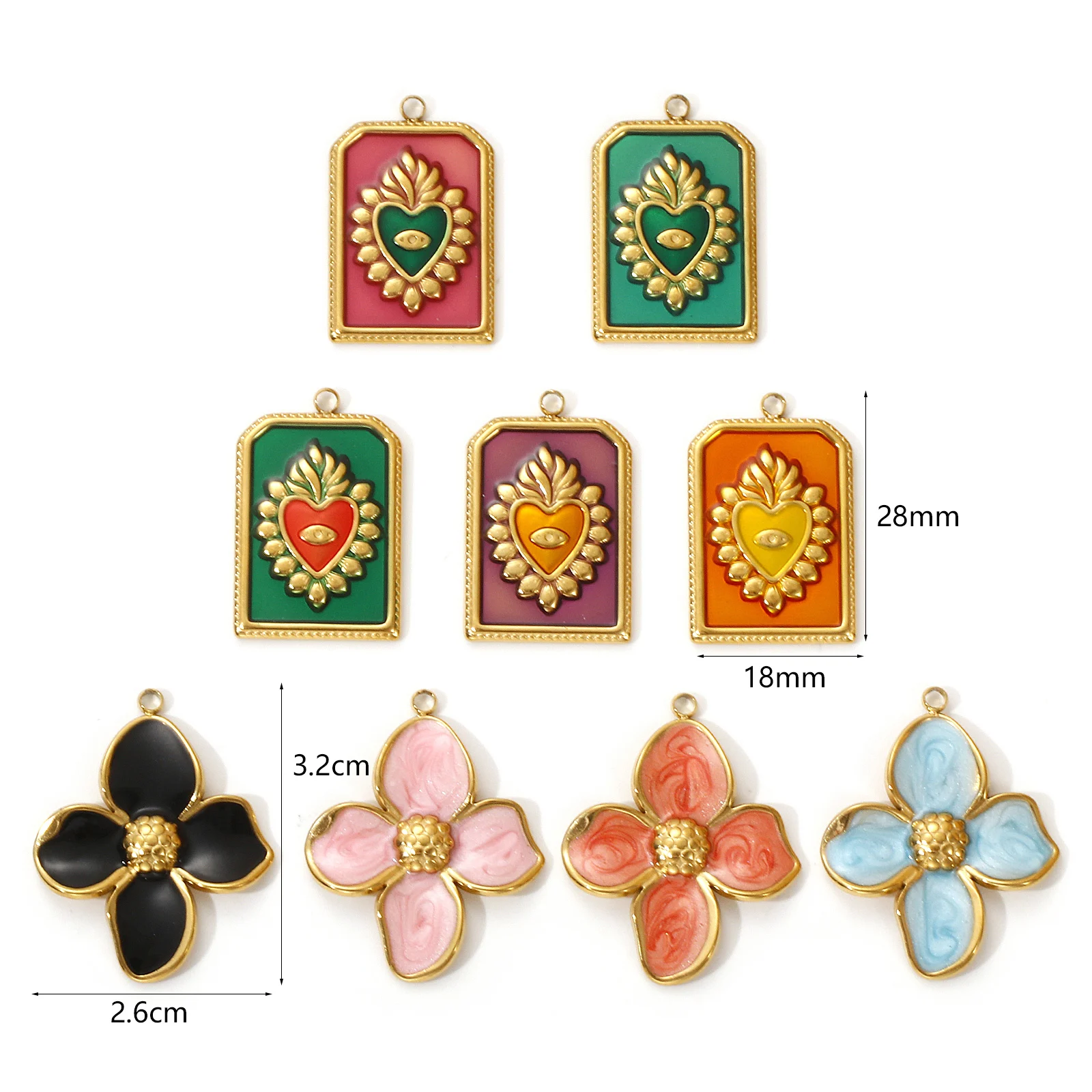 2 PCs 304 Stainless Steel Charms 18K Real Gold Plated Multicolor Enamel Flower Ex Voto Heart Pendants For DIY Necklace Making