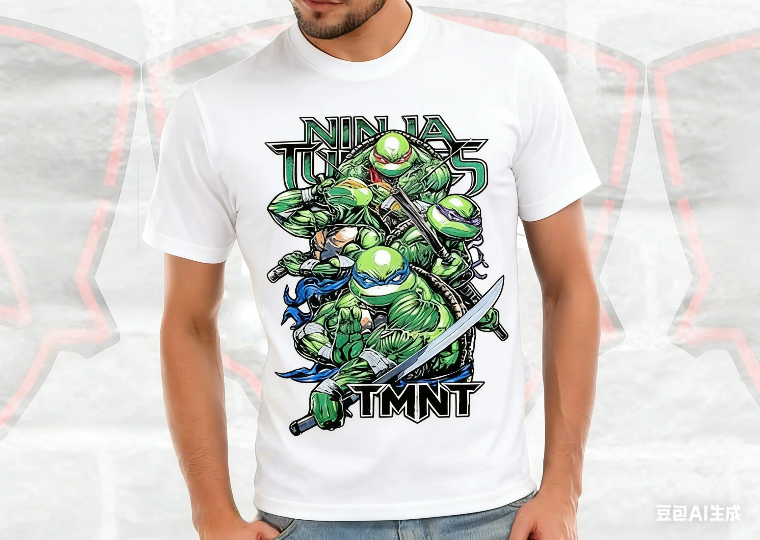 Adult and Children's Hardcore Comic-style Teenage Mutant Ninja Turtles Cotton T-shirt, Muscle Lines, Full Detail on Weapons