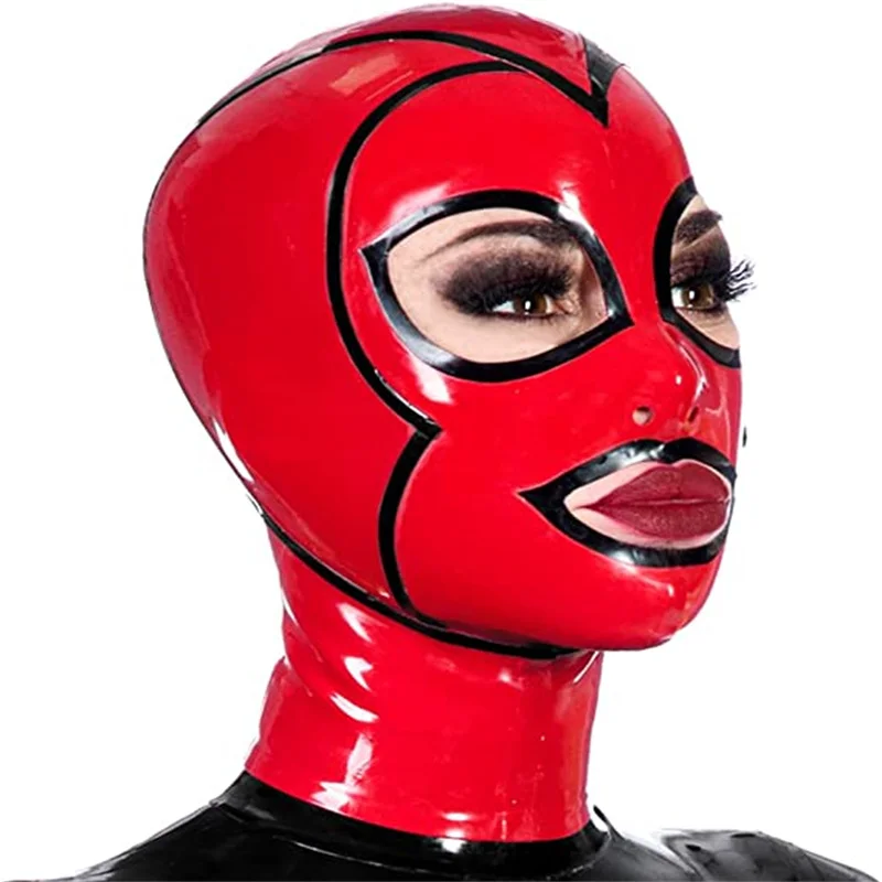 Sexy Latex Hood Rubber Mask Fetish Red with Black Handmade Open Eyes Mouth Halloween Cosplay Costumes for Men Women