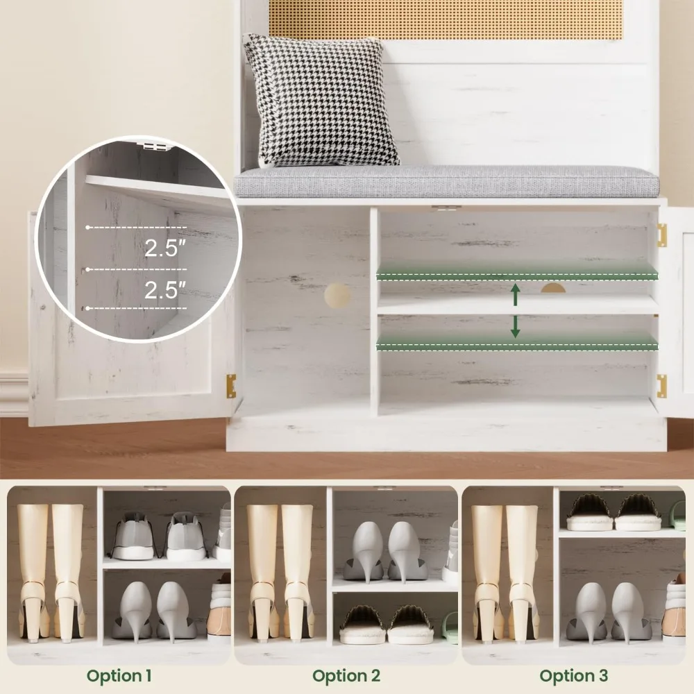 مقعد المدخل مع مساحة تخزين الأحذية، رف المعاطف، مقعد مبطن، 7 خطافات، رف قابل للتعديل - حل تخزين شجرة القاعة الواسعة 31.5 #5