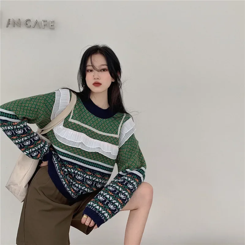 2023 Autumn Winter Women Sweater Knitted Patchwork Pullovers Fashion O-neck Green Pullover Women Vintage Sweater