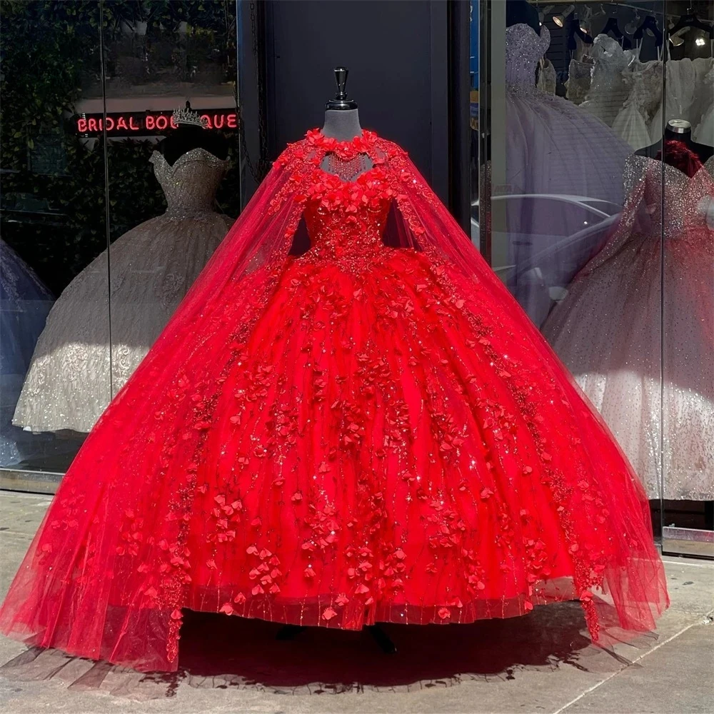 أحمر الأميرة Quinceanera فساتين ، تول الكرة ثوب ، الأزهار البريق ، الحلو 16 فساتين ، 15 عاما ، المكسيكي