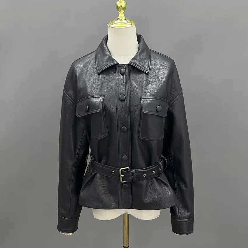 JANEFUR Cappotto primaverile da donna Elegante giacca da donna in vera pelle Cintura con risvolto Pelle di pecora Nero Office Lady JFB6-25006