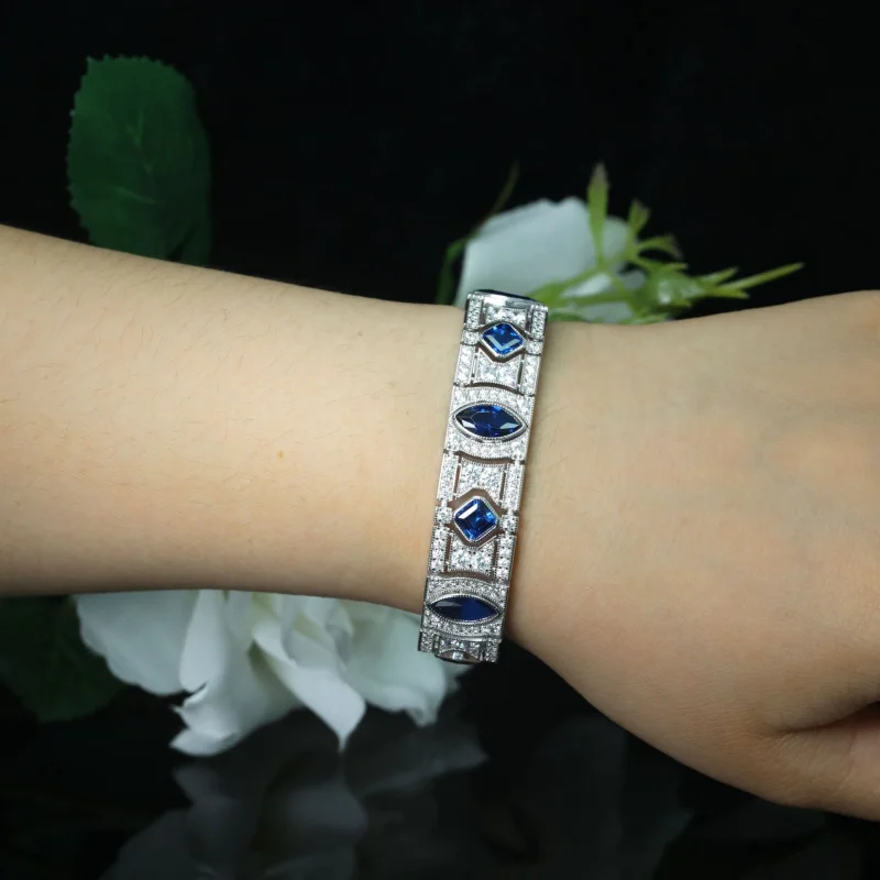 สร้อยข้อมือชุบทองเงิน 925 เพชรคาร์บอนสูง ROYAL BLUE Artdeco Art Deco สร้อยข้อมือโบราณตะวันตก