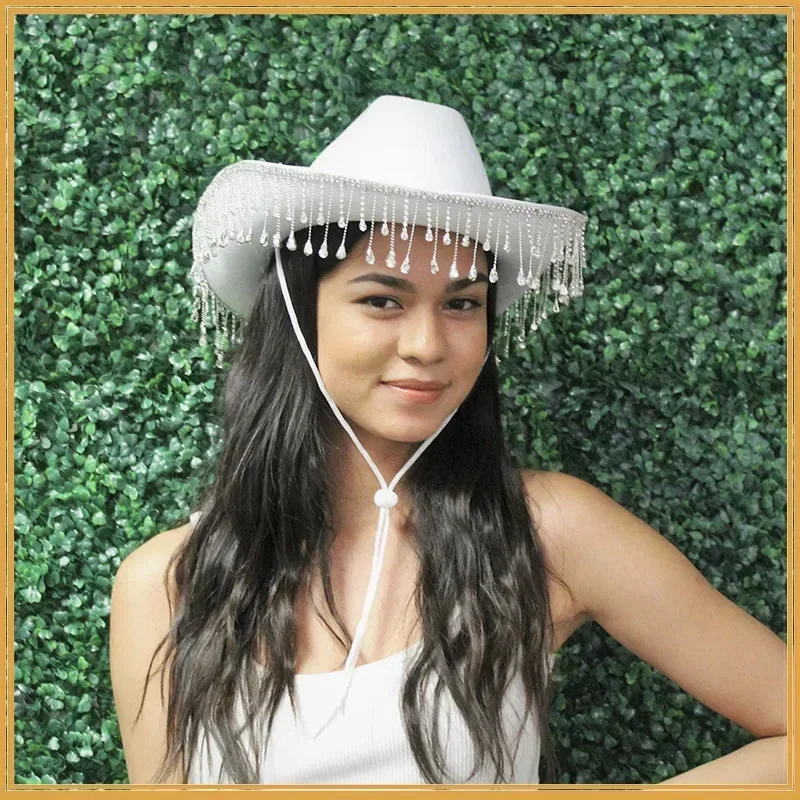 Rhinestone Fringe Westerse Cowboy Hoed Tiara Cowgirl Hoed Westerse Stijl Meisje Brede Rand Voelde Cowgirl Cap Kostuum Cosplay Party Hoeden