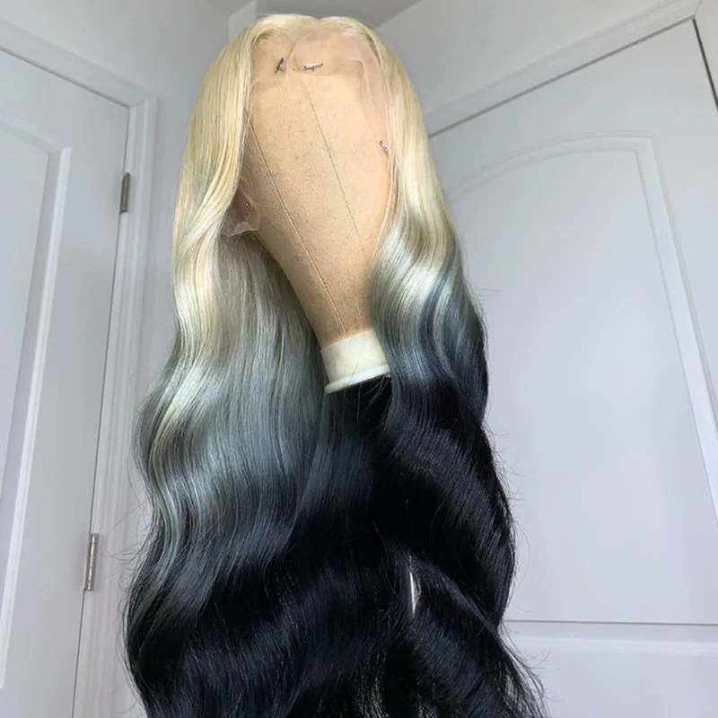 

Ombre Blonde to Black Preplucked Long Lace Front Wig Body Wave 180%Density Hairline Glueless For Women Synthetic Fiber