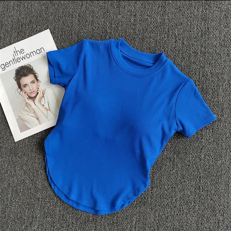Women's Royal Blue Mock Neck Short-Sleeve Fitted T-Shirt Curved Hem Soft Elastic Casual Top