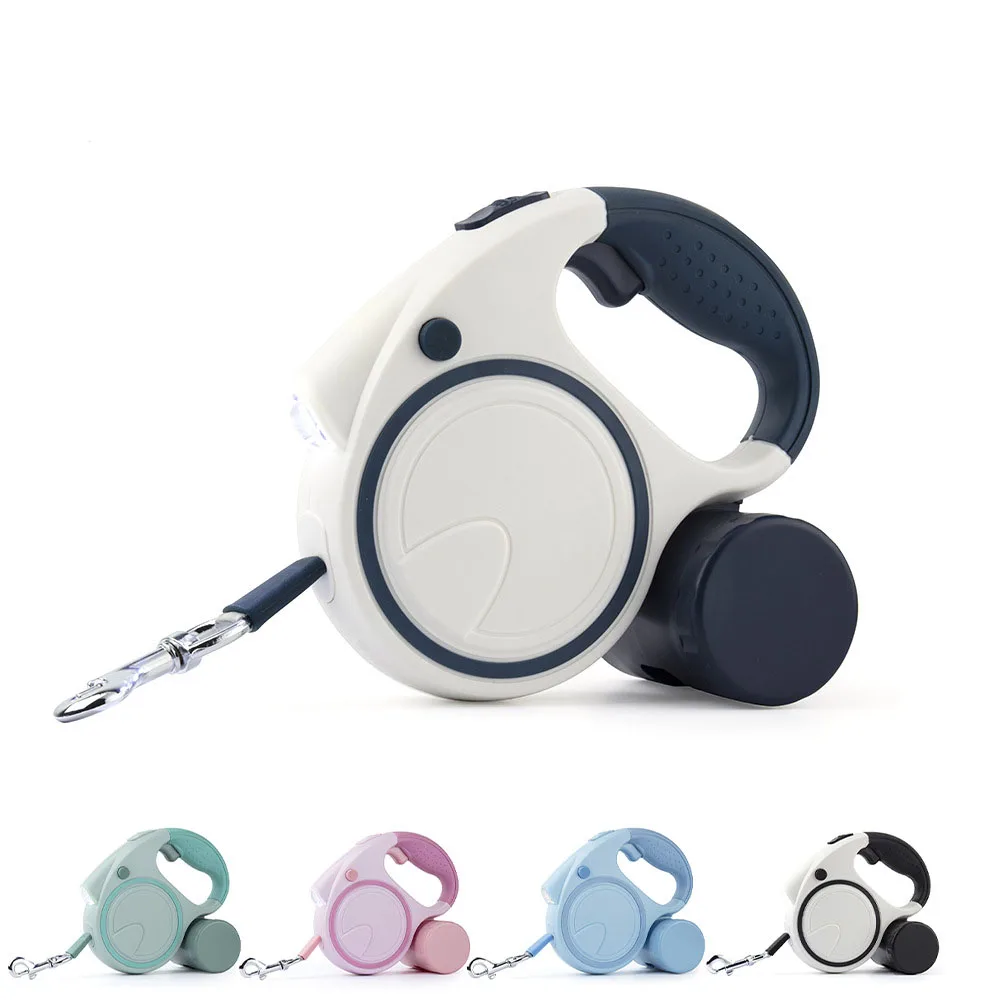 Hundeleine mit LED-Leuchten und Müllsack, einziehbarer Nylon-5 m Zugseilgürtel, langlebig, Walk Run, automatische Verlängerung, Hundeleine