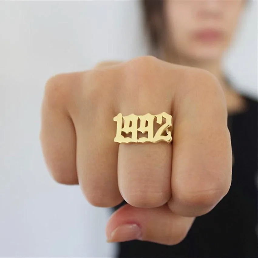 Fashion 1990-2000 Old English Ring for Women  Number Ring Year Custom Rings Number Ring Stainless Steel Rings Gold Color