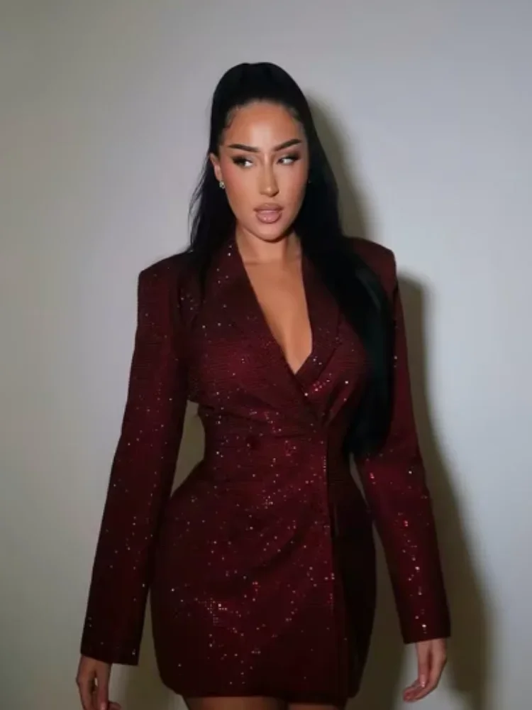 エレガントなスパンコール輝くブレザー風ラペルワンピース、シックなダブルブレスト、フルスリーブ、ポケット付きローブ、女性用、2026年春新作、パーティー、イブニングウェア