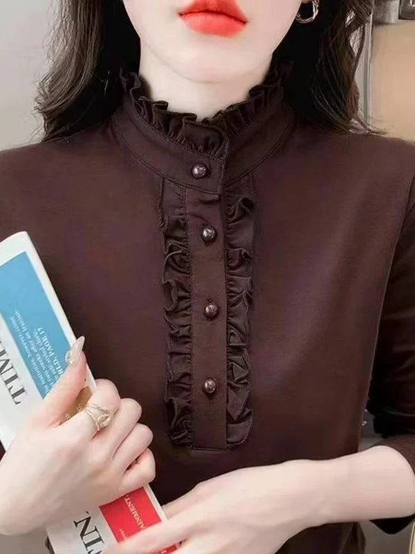 Autumn Winter Plaid Long Sleeve Fleece Lined Tunic Top Women's Casual Style Mom's Fashion Inner Wear with Lace Collar