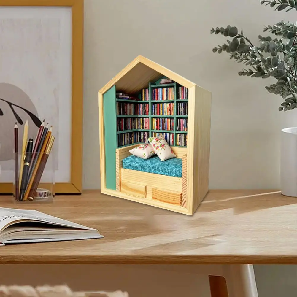 Solid Wood Bookroom Figurine Wooden Bookroom Figurine Wooden Miniature Book Nook Decoration for Book Lovers Mini Bookroom